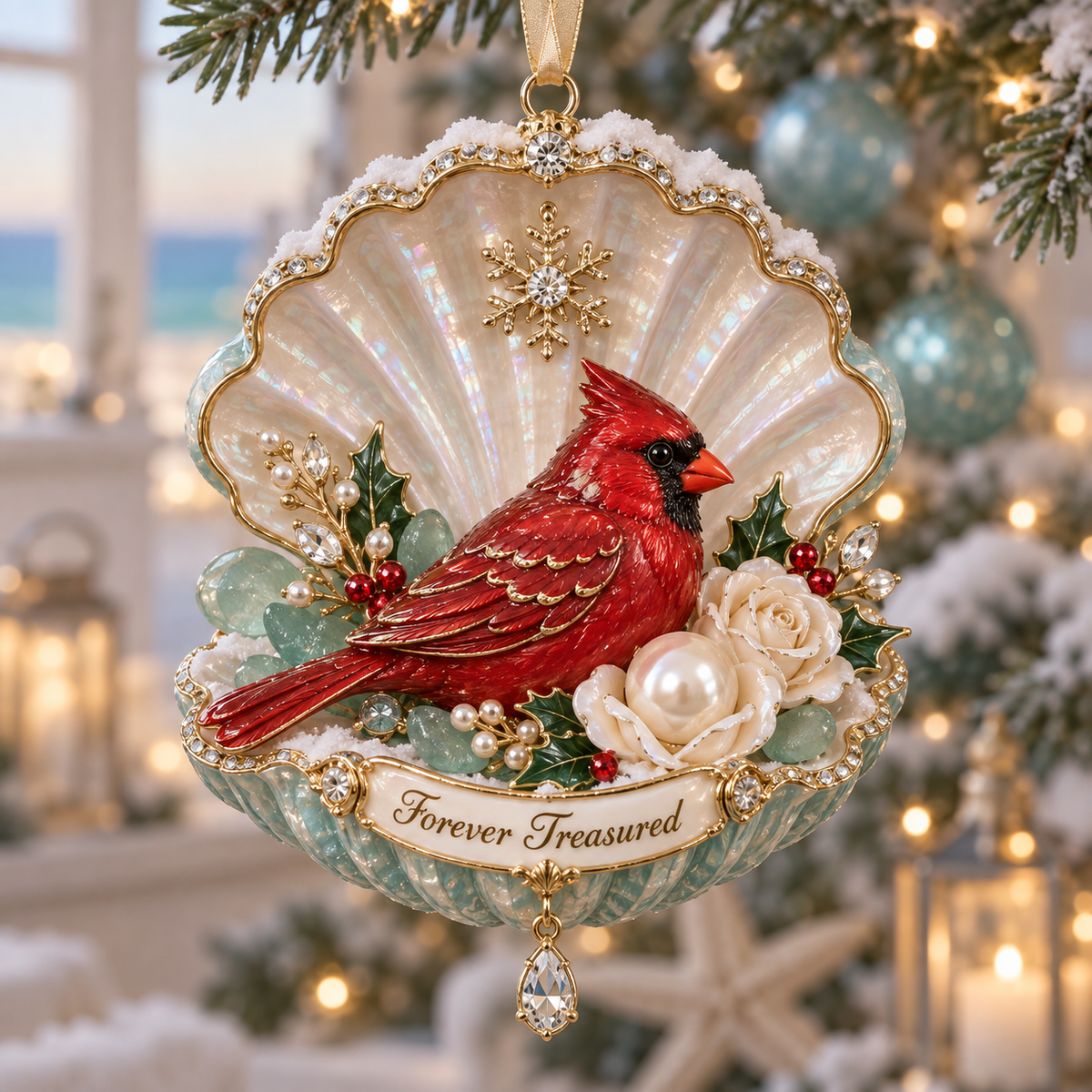 Coastal Cardinal Christmas Memorial Ornament Set