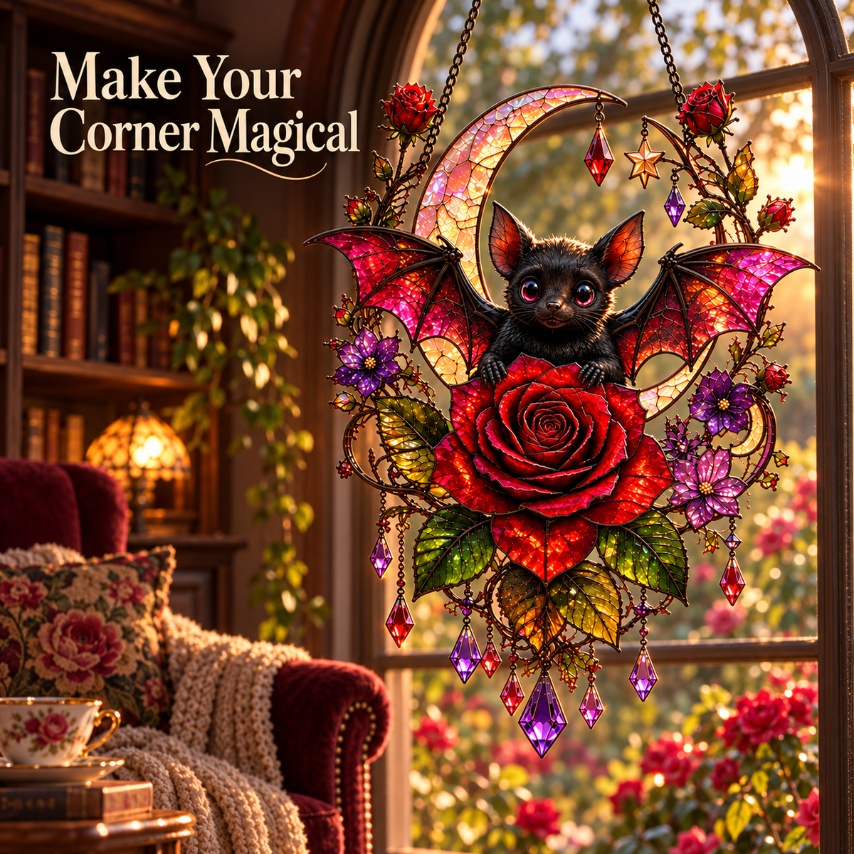 🦇 Gothic Bat & Crimson Rose Moon Suncatcher
