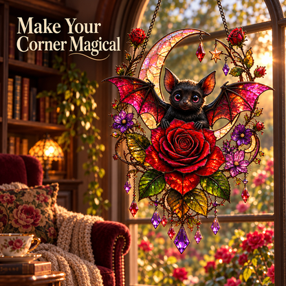 🦇 Gothic Bat & Crimson Rose Moon Suncatcher