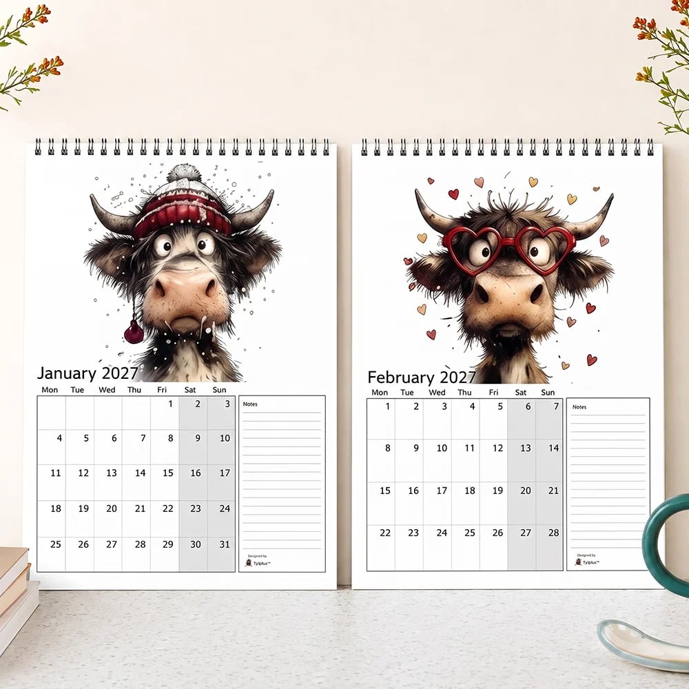 2027 Highland Cow Wall Calendar – Cute Monthly Planner Calendar, Farmhouse Animal Desk & Wall Calendar with Notes Section
