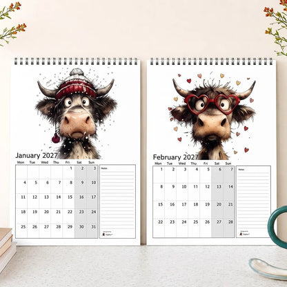 2027 Highland Cow Wall Calendar – Cute Monthly Planner Calendar, Farmhouse Animal Desk & Wall Calendar with Notes Section