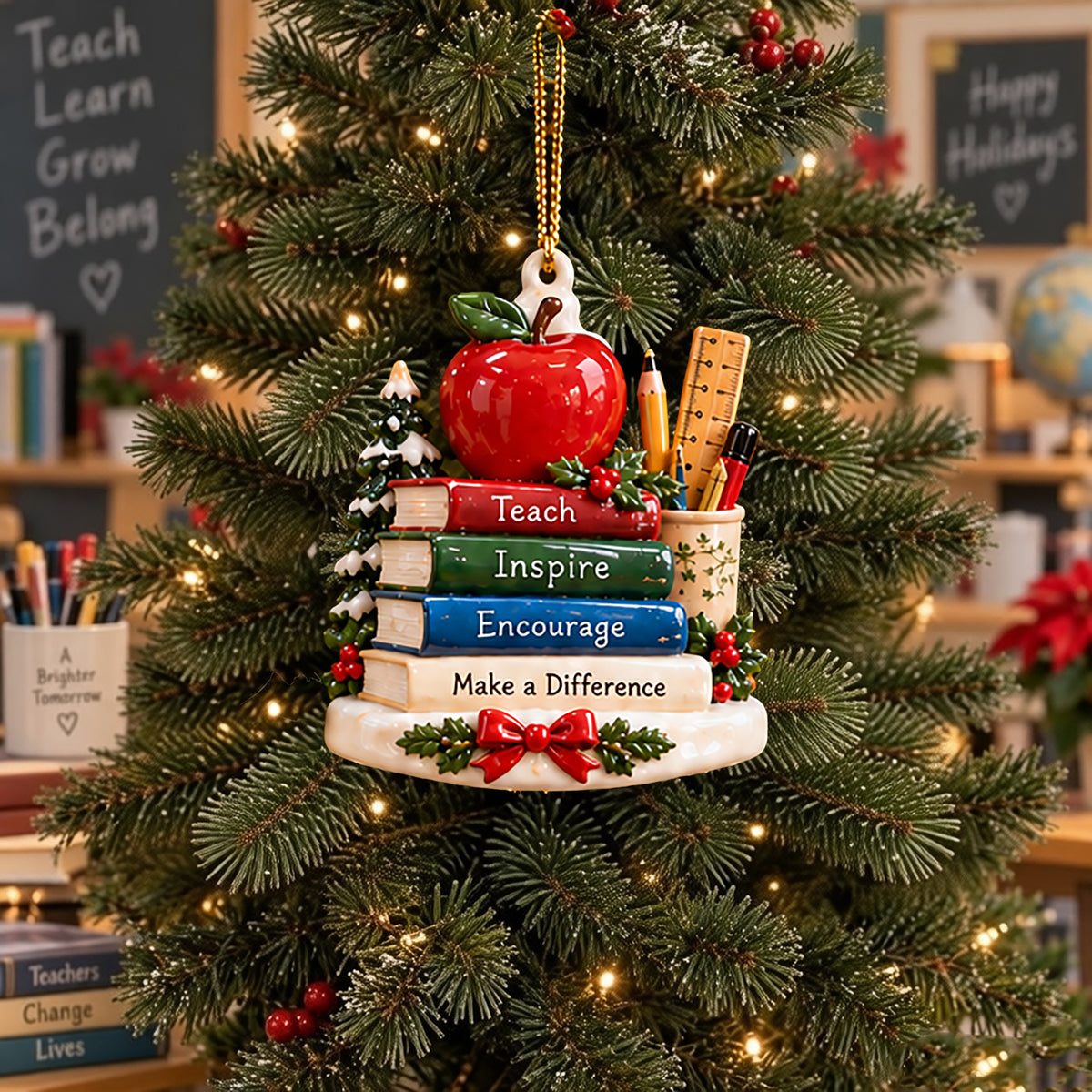 Teacher Appreciation Christmas Ornament – Rustic School-Themed Tree Decor