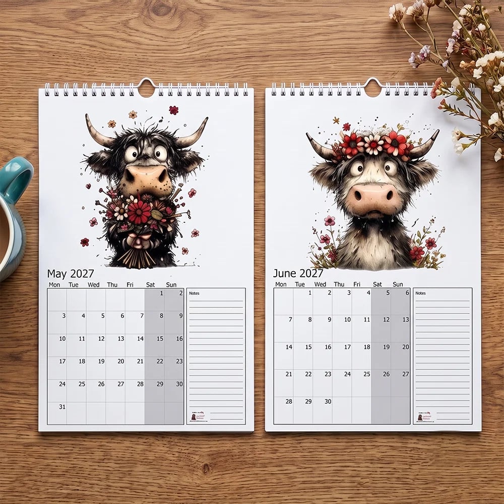 2027 Highland Cow Wall Calendar – Cute Monthly Planner Calendar, Farmhouse Animal Desk & Wall Calendar with Notes Section