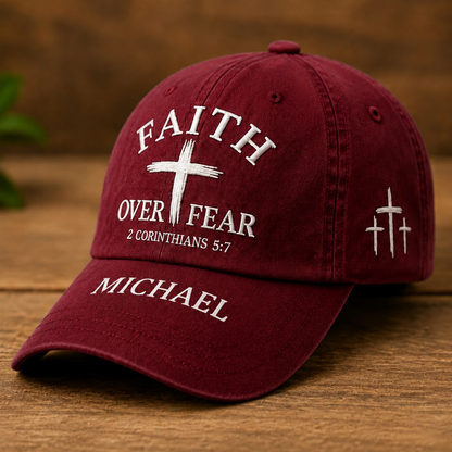 Faith Over Fear Christian Custom Name Hat – 2 Corinthians 5:7