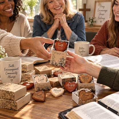 Christian Pocket Heart Gift Set - 12 Faith-Inspired Wooden Hearts with Individually Boxed Keepsakes