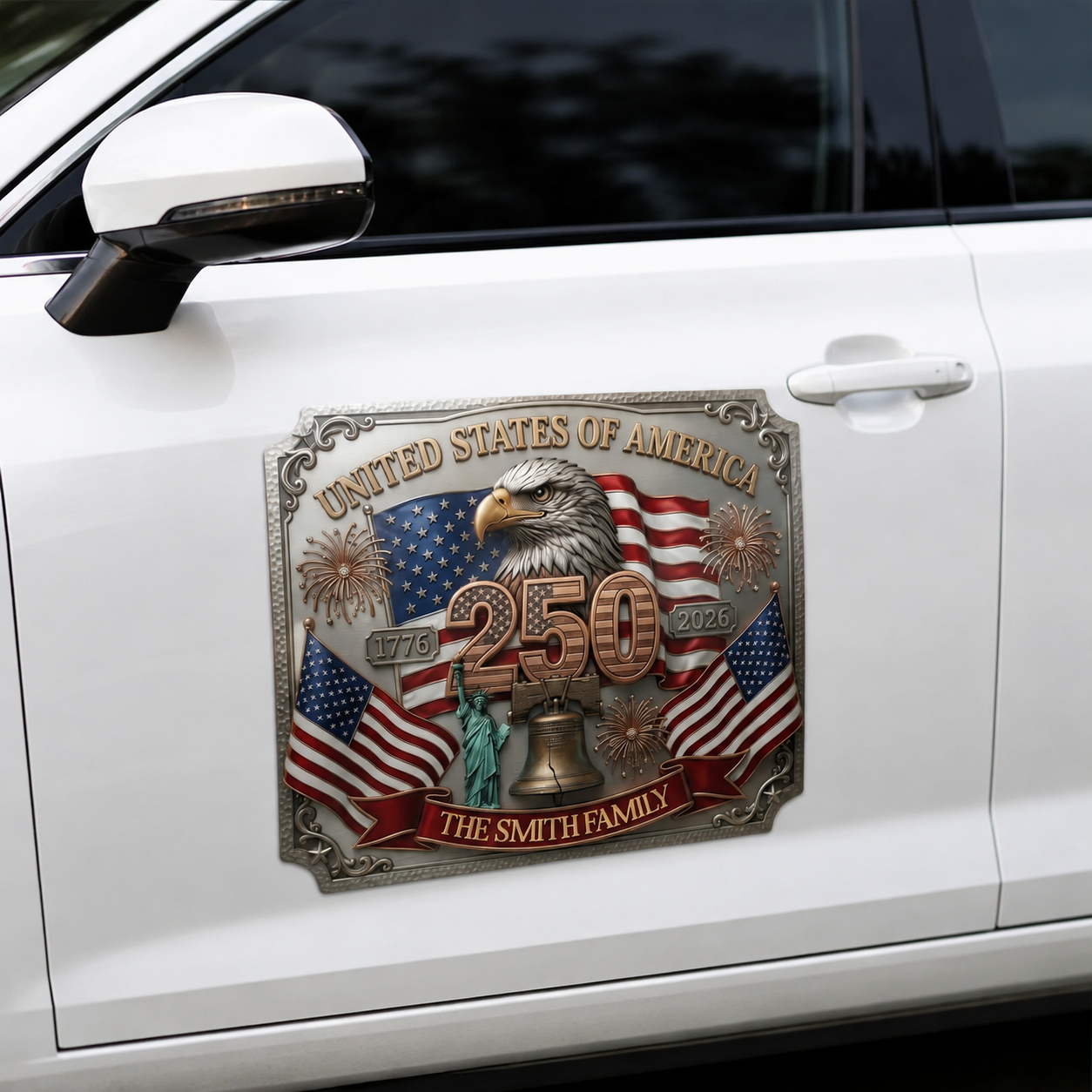 Personalized USA 250th Anniversary Family Magnetic Car Decal – 1776-2026 Patriotic Metal Emblem