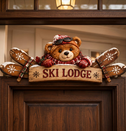 Winter Ski Lodge Door Topper – Rustic Wooden Welcome Sign