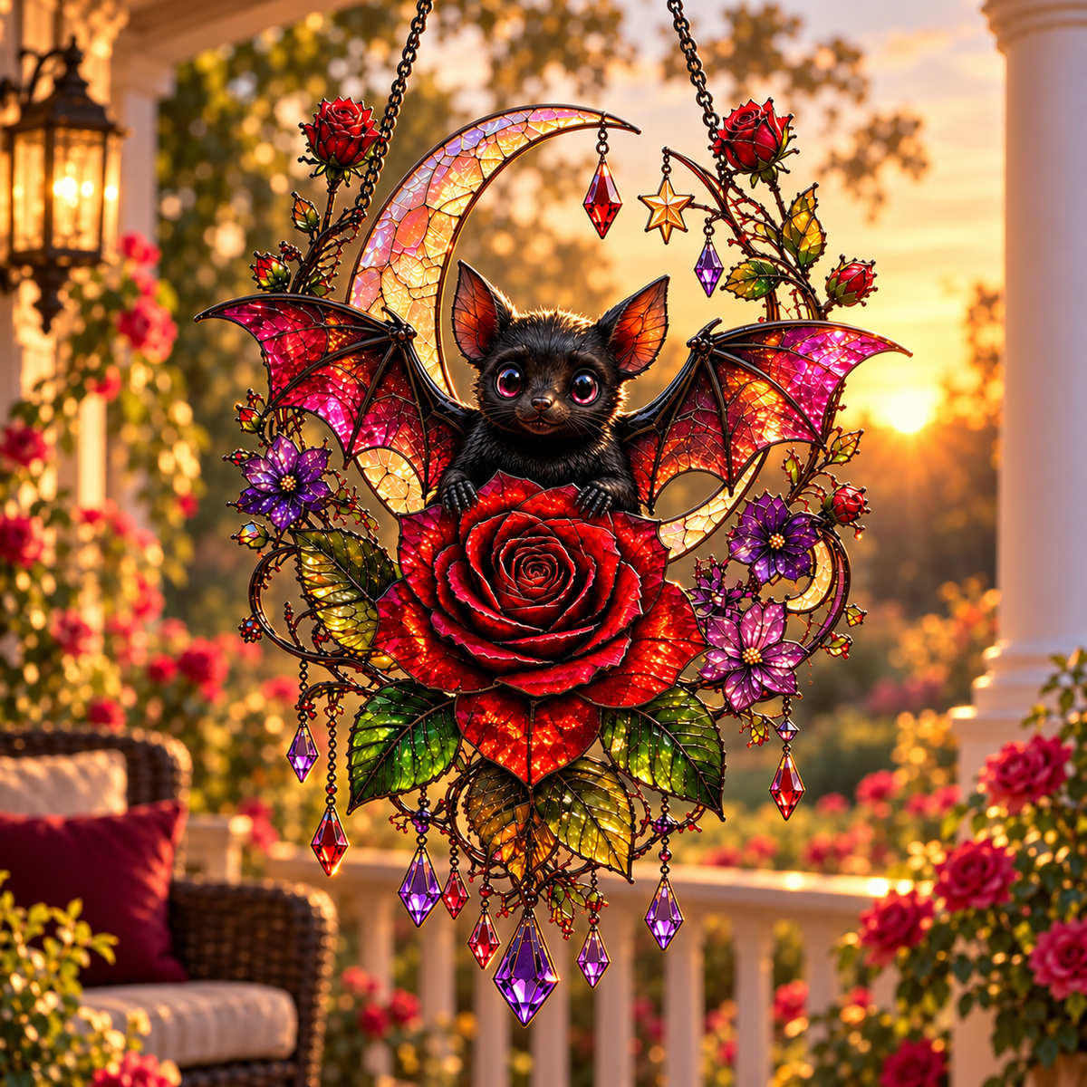 🦇 Gothic Bat & Crimson Rose Moon Suncatcher