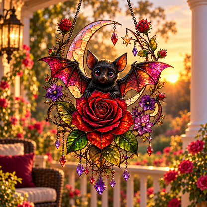 🦇 Gothic Bat & Crimson Rose Moon Suncatcher