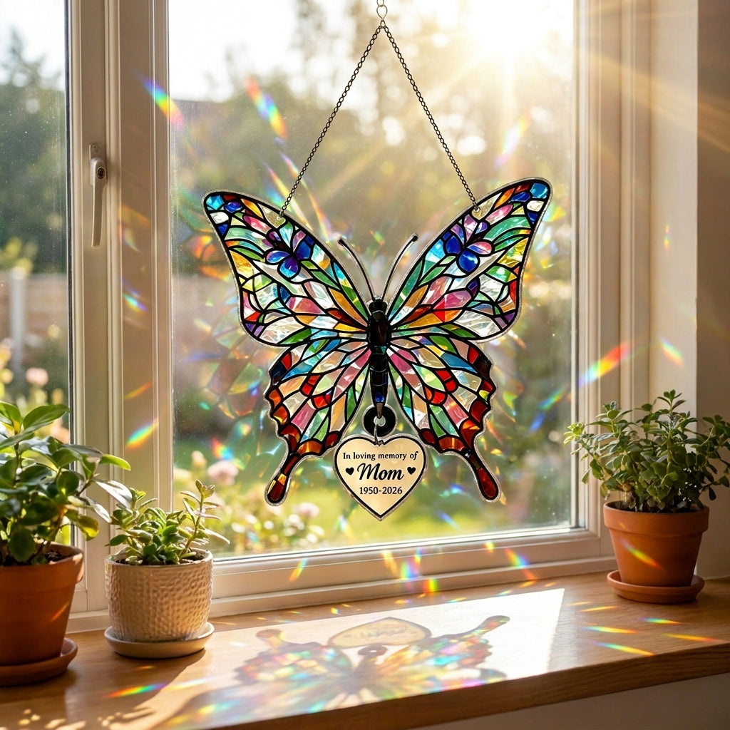 🦋 Customizable Holographic Butterfly Suncatcher – Memorial Gift for Mom