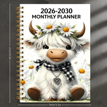2026–2030 Monthly Planner – Cute Highland Cow Spiral Bound Calendar