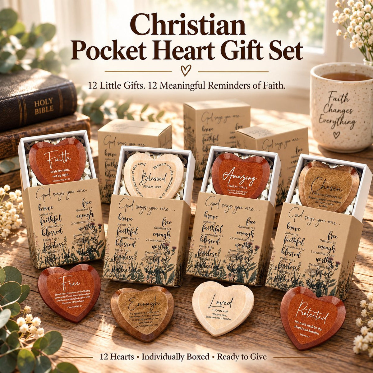 Christian Pocket Heart Gift Set - 12 Faith-Inspired Wooden Hearts with Individually Boxed Keepsakes