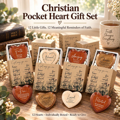 Christian Pocket Heart Gift Set - 12 Faith-Inspired Wooden Hearts with Individually Boxed Keepsakes