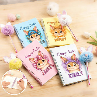 Personalized Happy Easter Cute Rabbit Spiral Notebook and Pom Puff Pen Set with Lined Pages and Name Easter Birthday Gift for Boys Girls