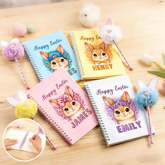 Personalized Happy Easter Cute Rabbit Spiral Notebook and Pom Puff Pen Set with Lined Pages and Name Easter Birthday Gift for Boys Girls