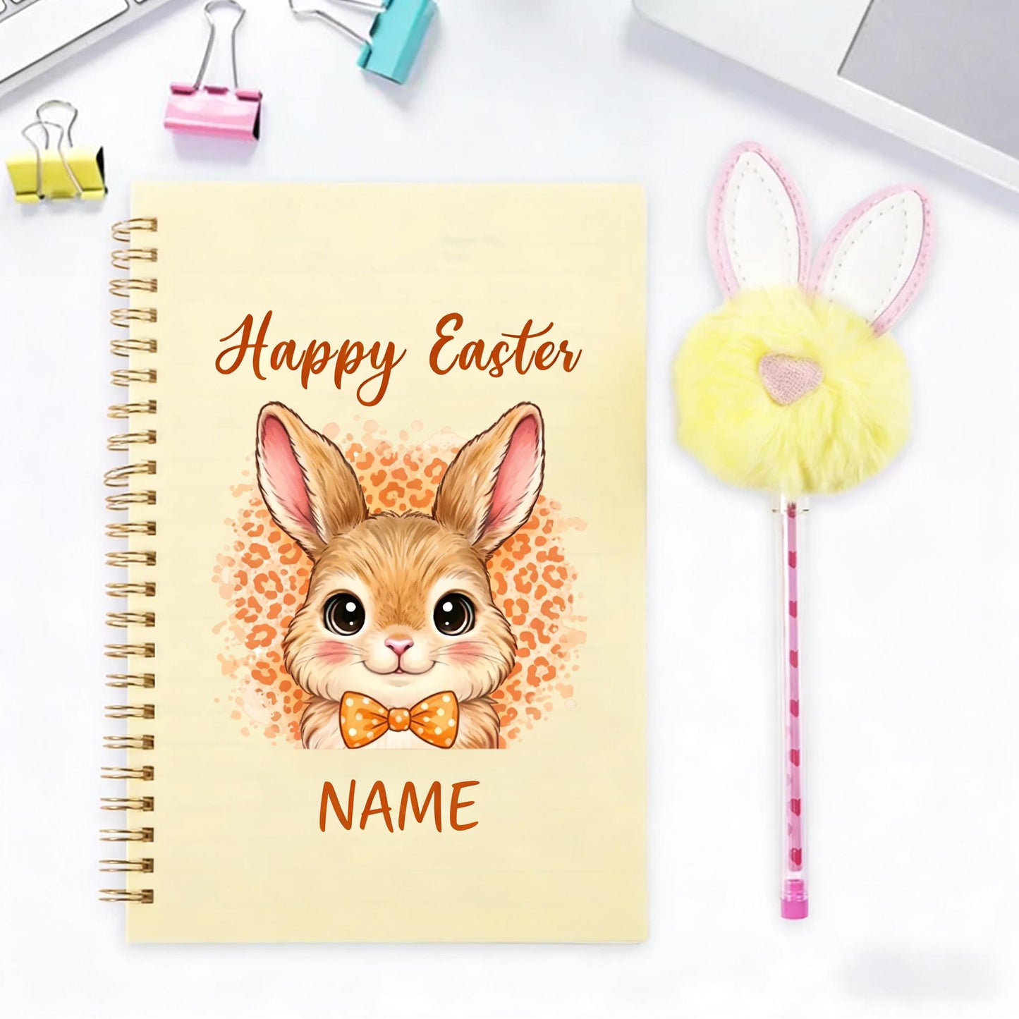 Personalized Happy Easter Cute Rabbit Spiral Notebook and Pom Puff Pen Set with Lined Pages and Name Easter Birthday Gift for Boys Girls