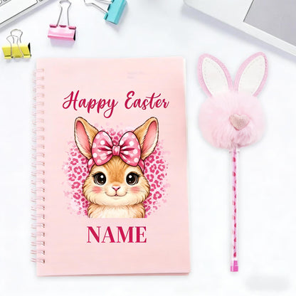 Personalized Happy Easter Cute Rabbit Spiral Notebook and Pom Puff Pen Set with Lined Pages and Name Easter Birthday Gift for Boys Girls