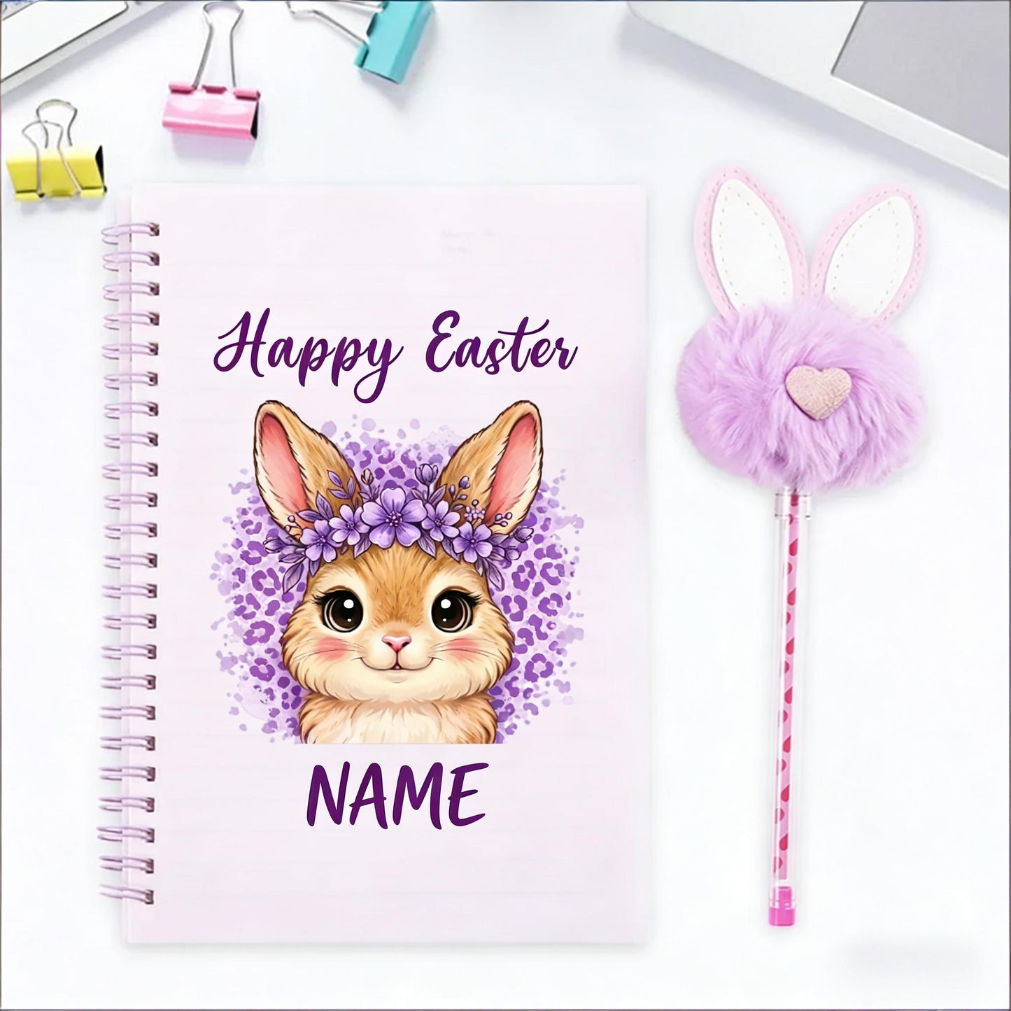 Personalized Happy Easter Cute Rabbit Spiral Notebook and Pom Puff Pen Set with Lined Pages and Name Easter Birthday Gift for Boys Girls