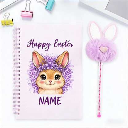 Personalized Happy Easter Cute Rabbit Spiral Notebook and Pom Puff Pen Set with Lined Pages and Name Easter Birthday Gift for Boys Girls