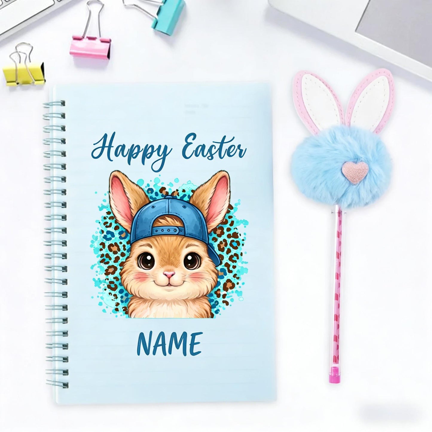 Personalized Happy Easter Cute Rabbit Spiral Notebook and Pom Puff Pen Set with Lined Pages and Name Easter Birthday Gift for Boys Girls
