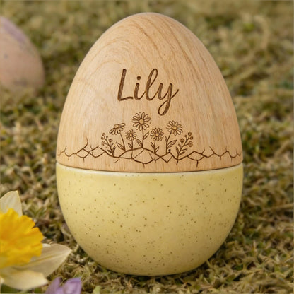 Personalized Engraved Wooden Easter Egg with Custom Name, Fillable Bunny/Flower/Tree/Star Keepsake, Reusable Easter Basket Decor & Gift for Kids