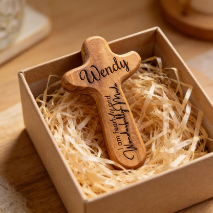 Custom Engraved Wood Cross, Personalized Pocket Cross Christian Gift for Her Him, Religious Birthday Gift, Baptism Baby Christening Present, Wooden Cross Confirmation Gift for Kids