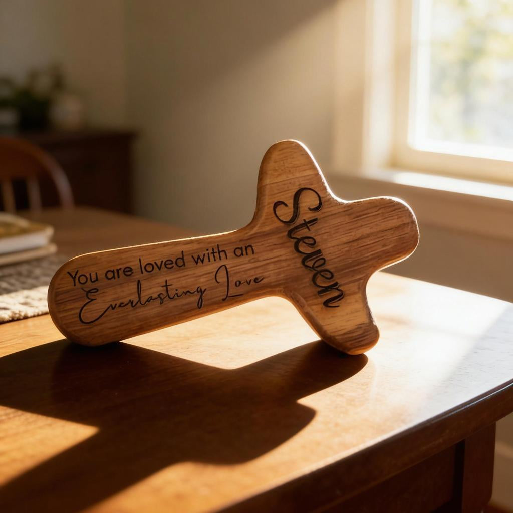 Custom Engraved Wood Cross, Personalized Pocket Cross Christian Gift for Her Him, Religious Birthday Gift, Baptism Baby Christening Present, Wooden Cross Confirmation Gift for Kids