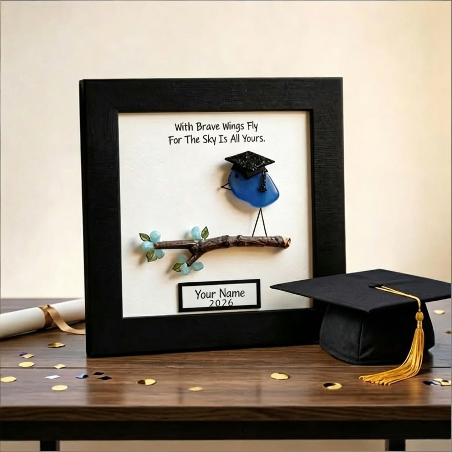 Personalized Sea Glass Graduation Bird Framed Art