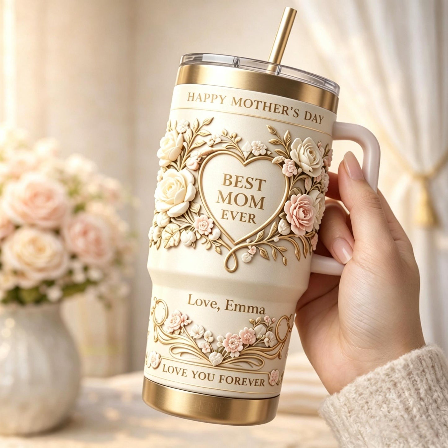 Personalized "Best Mom Ever" Floral Tumbler