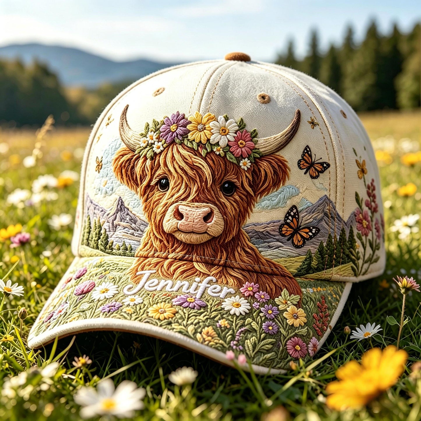 💐🦋Personalzied Floral Highland Cow Cap