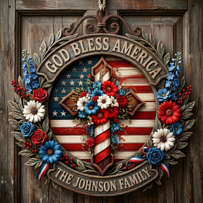 Custom Patriotic "God Bless America" Family Wreath Sign