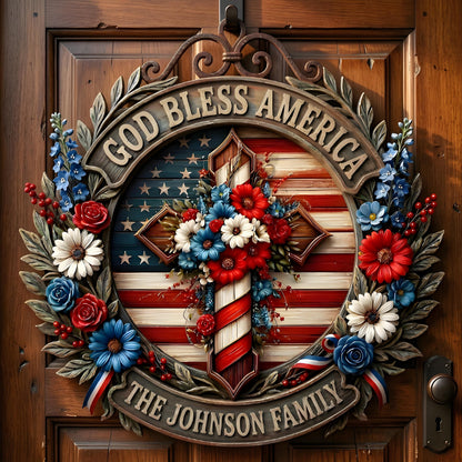 Custom Patriotic "God Bless America" Family Wreath Sign