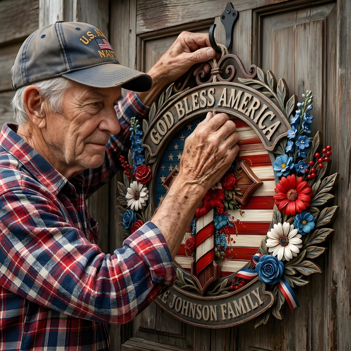 Custom Patriotic "God Bless America" Family Wreath Sign
