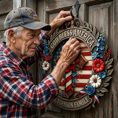Custom Patriotic "God Bless America" Family Wreath Sign