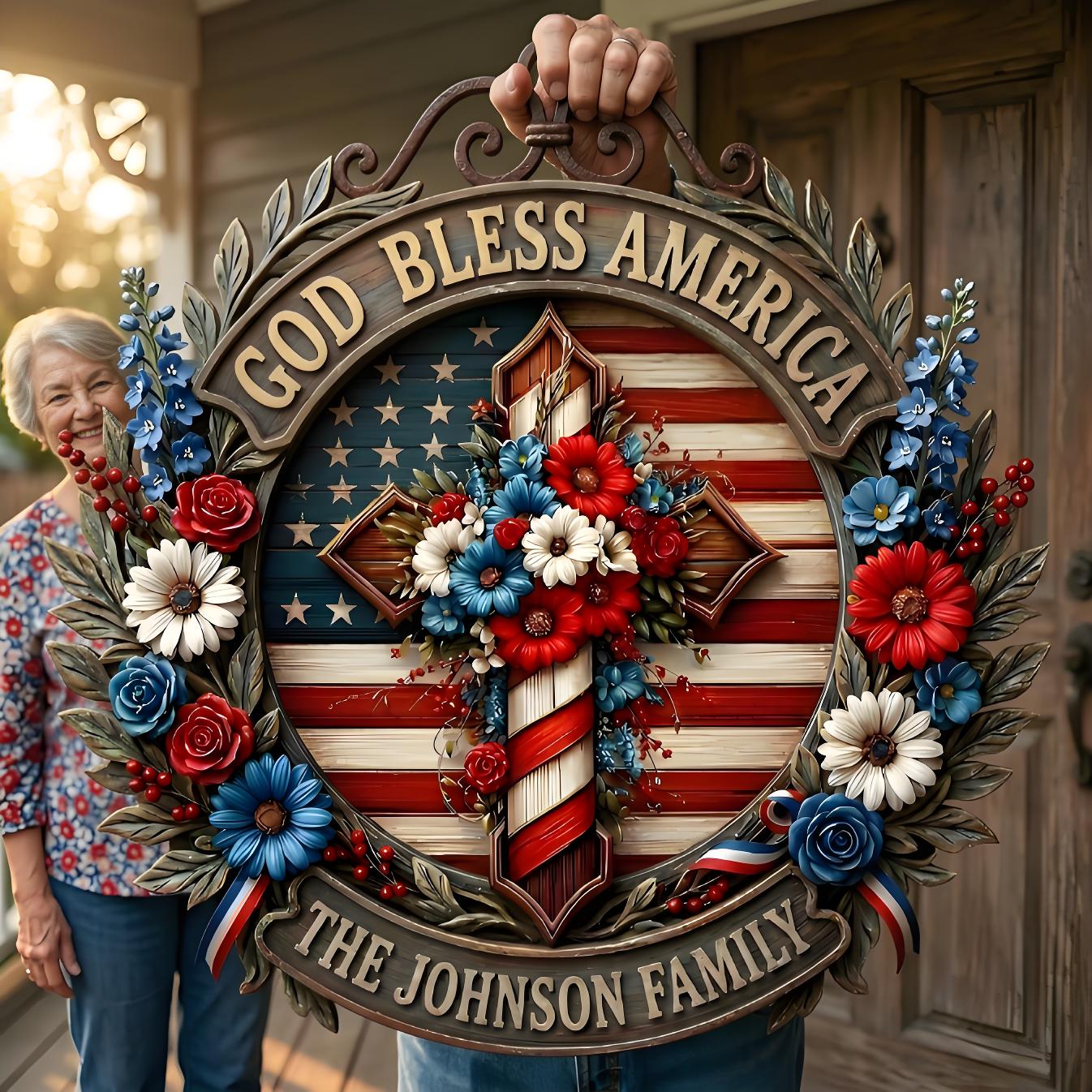 Custom Patriotic "God Bless America" Family Wreath Sign