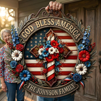Custom Patriotic "God Bless America" Family Wreath Sign