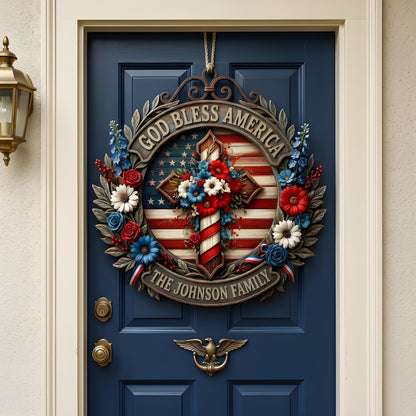 Custom Patriotic "God Bless America" Family Wreath Sign