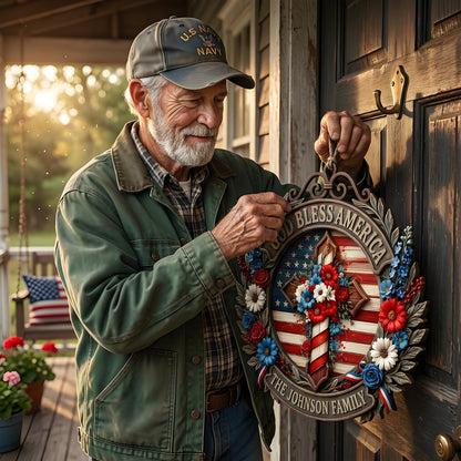 Custom Patriotic "God Bless America" Family Wreath Sign