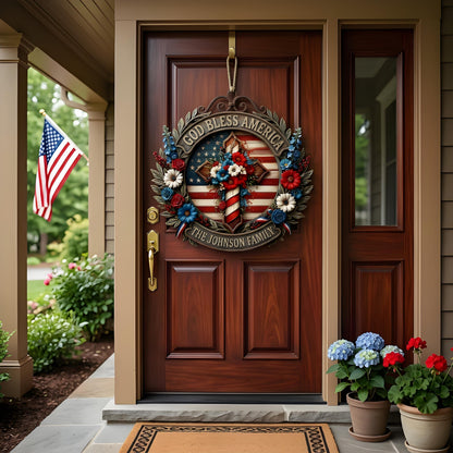 Custom Patriotic "God Bless America" Family Wreath Sign