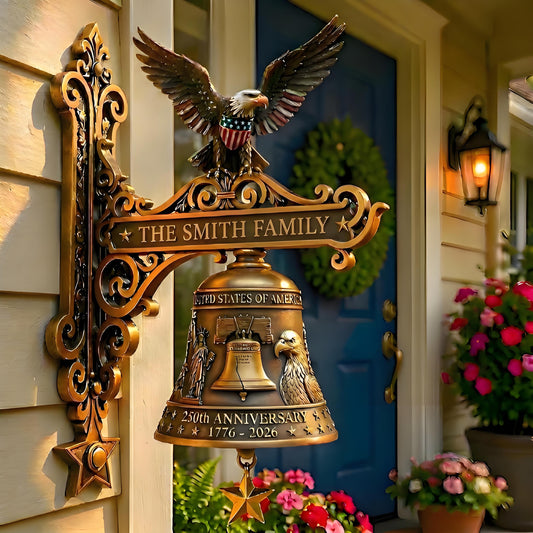 🦅 Custom Patriotic Family Name Bell Plaque – Personalized American Eagle Wall Decor
