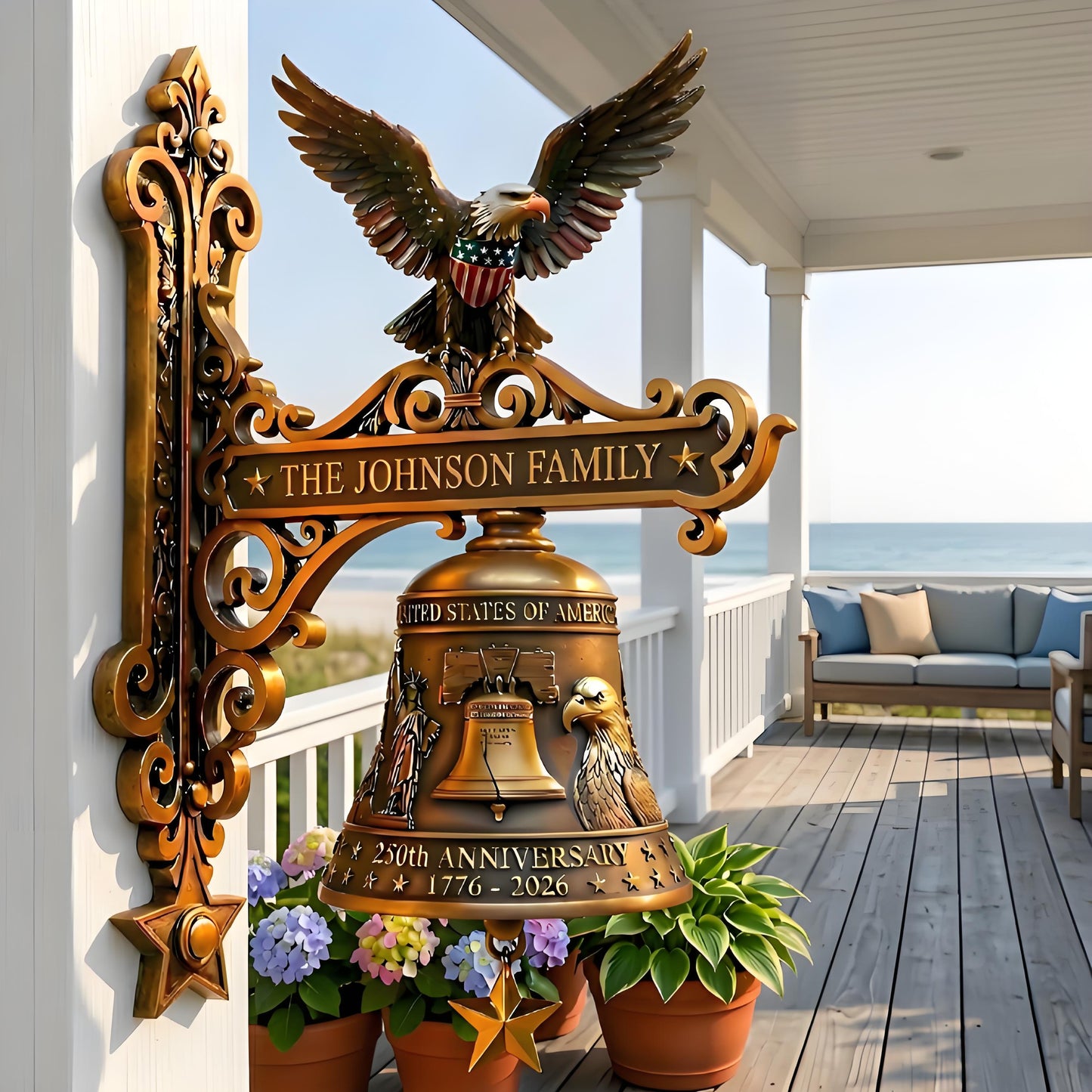 🦅 Custom Patriotic Family Name Bell Plaque – Personalized American Eagle Wall Decor