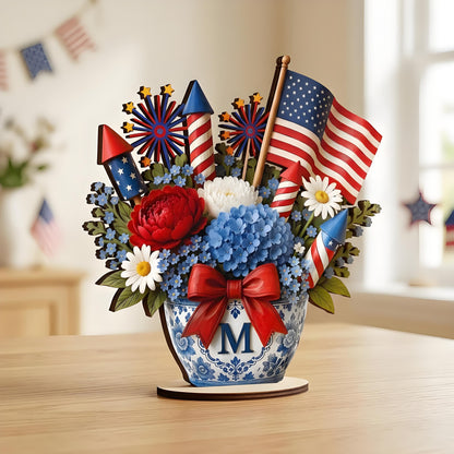 🎆 Personalized Patriotic Floral Monogram Centerpiece – Americana Vase Decor