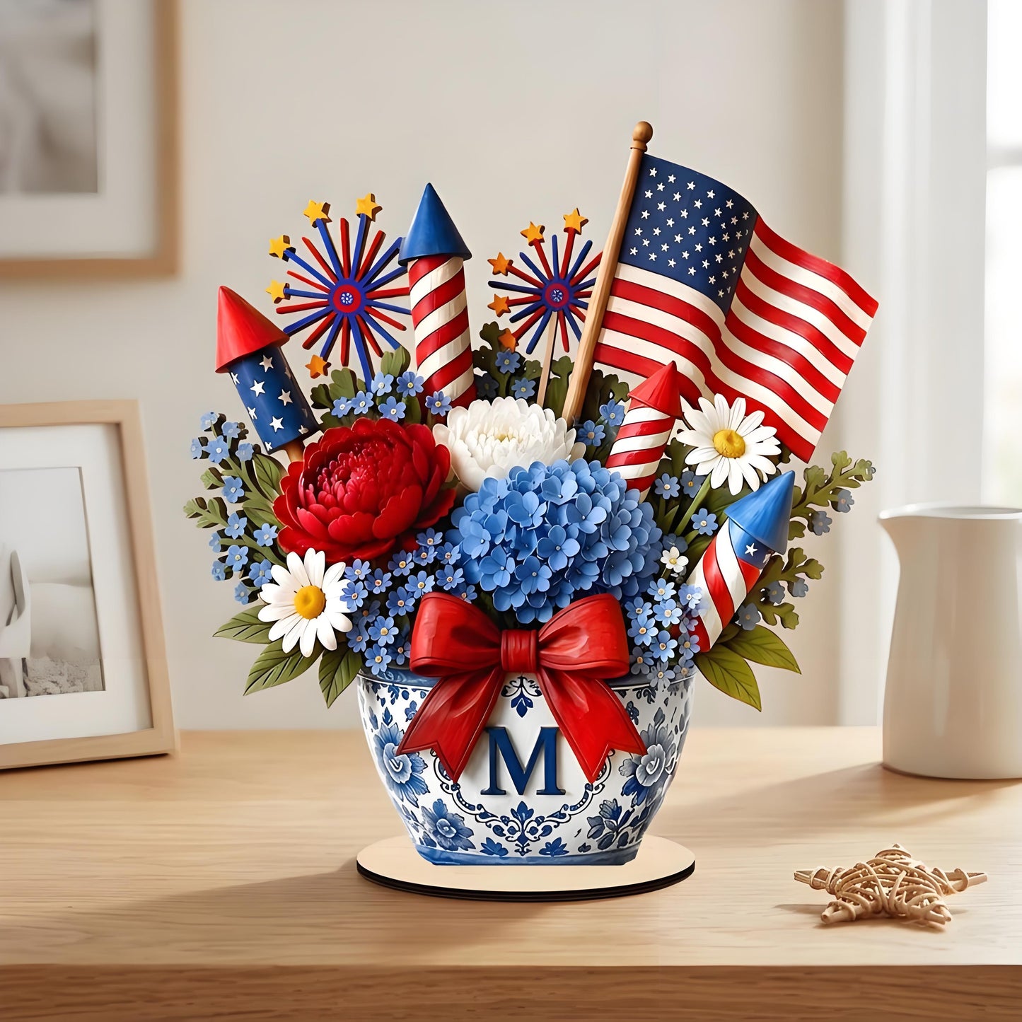 🎆 Personalized Patriotic Floral Monogram Centerpiece – Americana Vase Decor