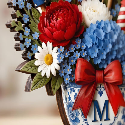 🎆 Personalized Patriotic Floral Monogram Centerpiece – Americana Vase Decor