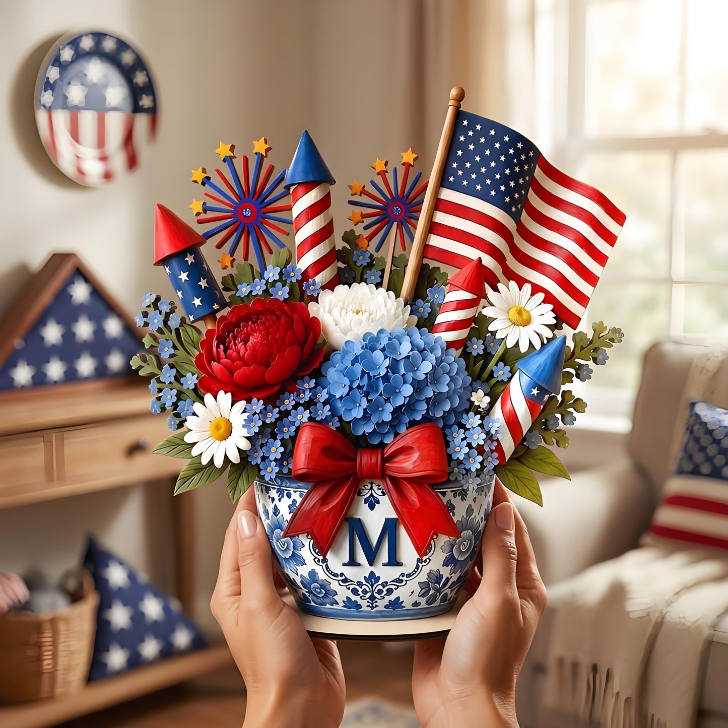 🎆 Personalized Patriotic Floral Monogram Centerpiece – Americana Vase Decor