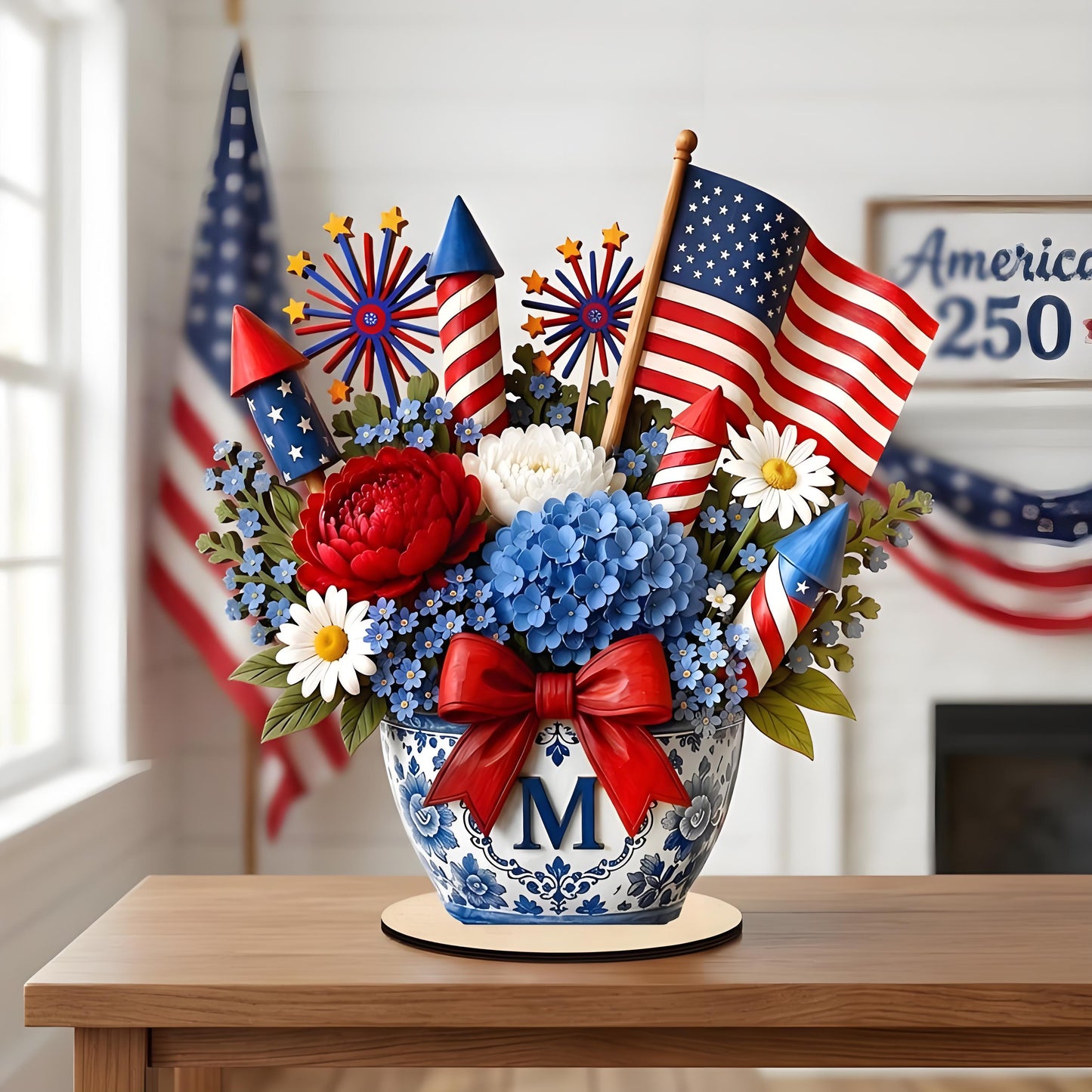 🎆 Personalized Patriotic Floral Monogram Centerpiece – Americana Vase Decor