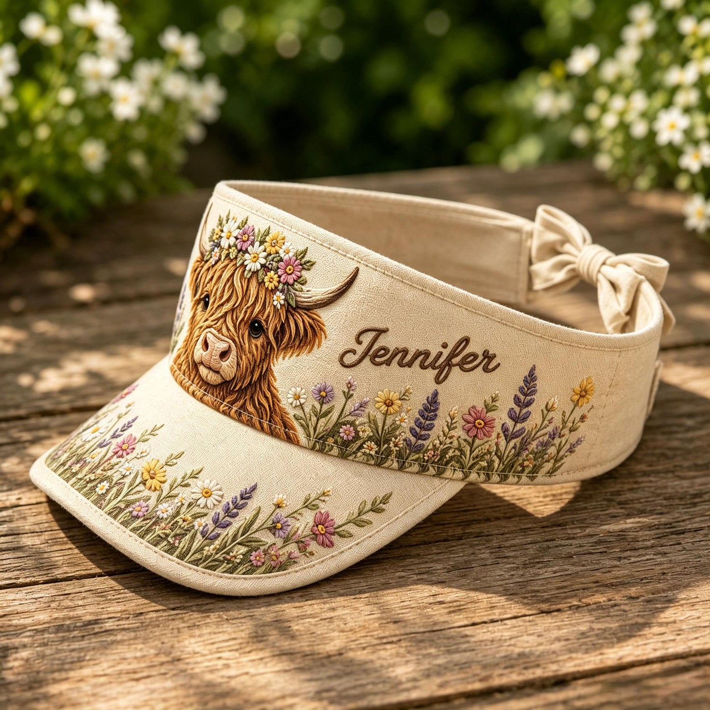 Personalized Floral Highland Cow Sun Visor Hat