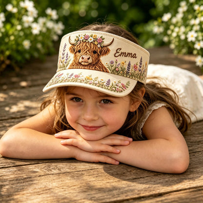 Personalized Floral Highland Cow Sun Visor Hat