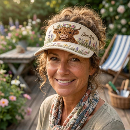 Personalized Floral Highland Cow Sun Visor Hat