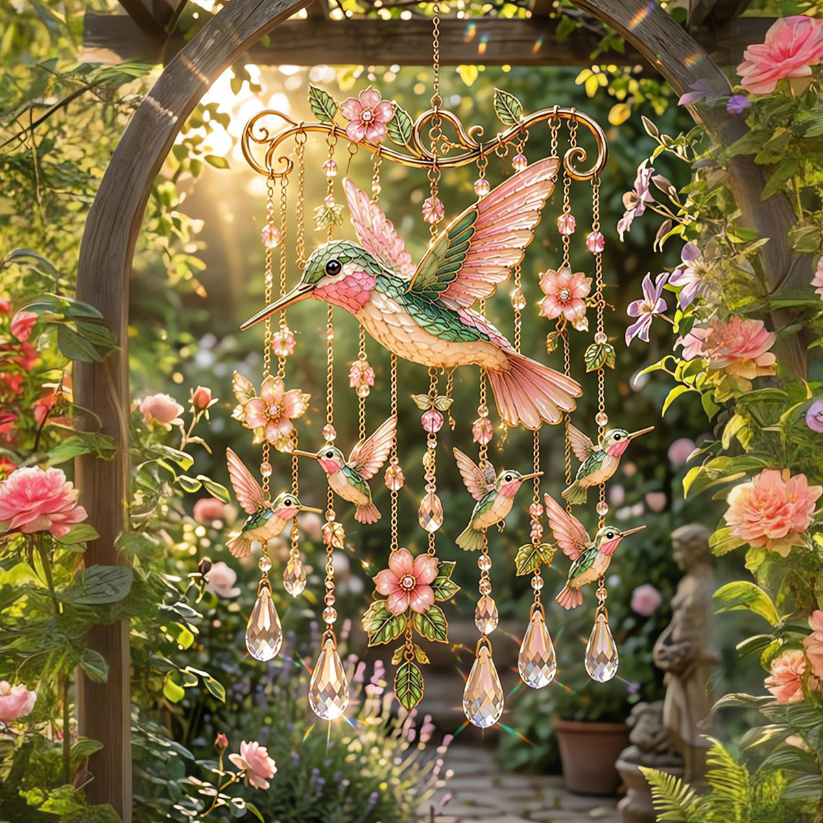 🐦 Stained Hummingbird Wind Chime – A Heavenly Melody for Your Garden